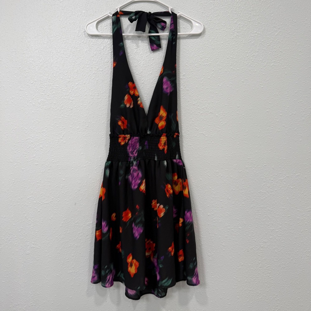 Madden NYC Floral Halter Mini Dress Black Orange Purple Smocked Waist‎ Size M